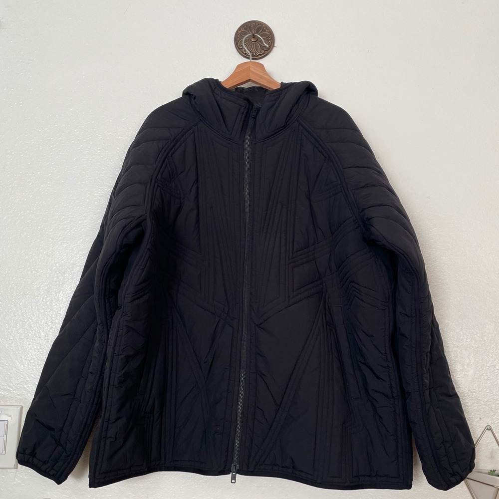 Y-3 Adidas Yohji Yamamoto Black Quilted Hooded Jacket Geometric Stitch Mens 2XL